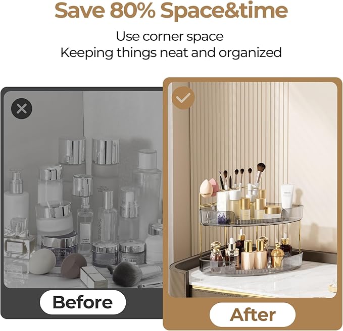 FELIZHOUSE 2-Tier Makeup Organizer for Vanity & Bathroom Countertop – Acrylic Storage Shelf with Perfume Tray & Makeup Brush Holder, Tool-Free Installation, Design for Bathroom & Dresser - Grey