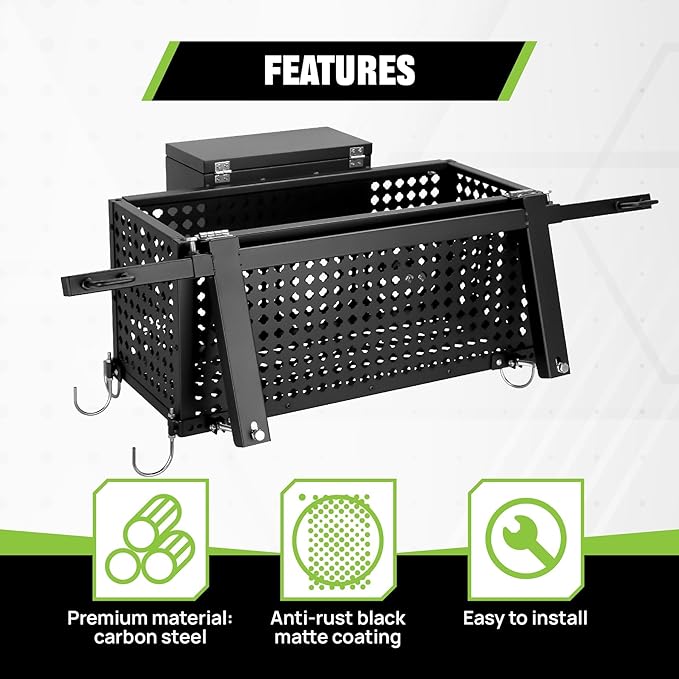 Heavy Duty Tractor Tool Box,Tractor Tool Tray with Lockbox and 27"-39"Adjustable Extension Rod,Tractor Basket Capacity 200 LBS with Universal Fitting Tractor Attachments,Used for Storage,Black
