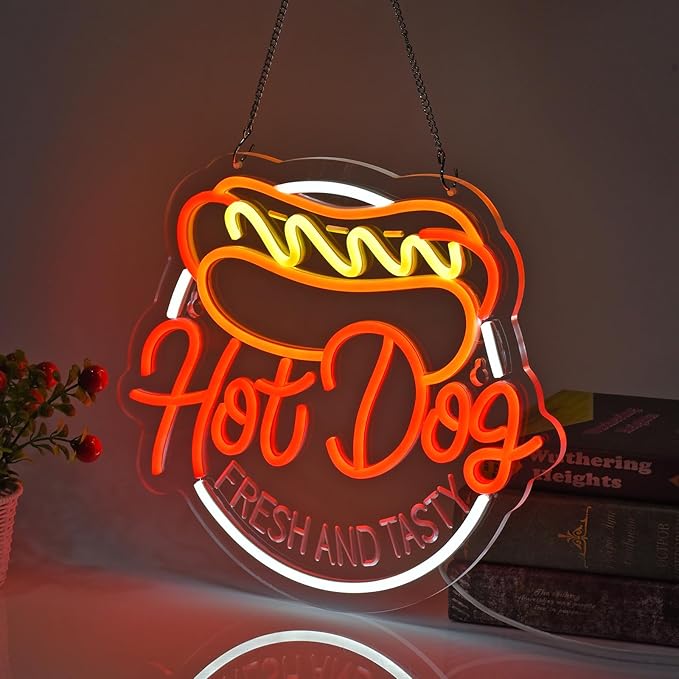 Hot Dog Neon Sign for Wall Decor LED Light up Sign Business Signage for Home Kitchen Restaurant Bar Cafe Fast Food Shop Gift 14.6" x 12.6" Led Art Wall Hanging Decorative Lights