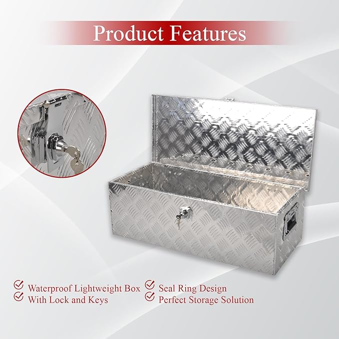 30''Inch Aluminum Truck Tool Box Truck Bed Toolbox Trailer Chest Box Storage Organizer Waterproof Square Storage Organizer w/Side Handle Lock&Keys Silver(‎30" Lx13'' Wx10'' H)
