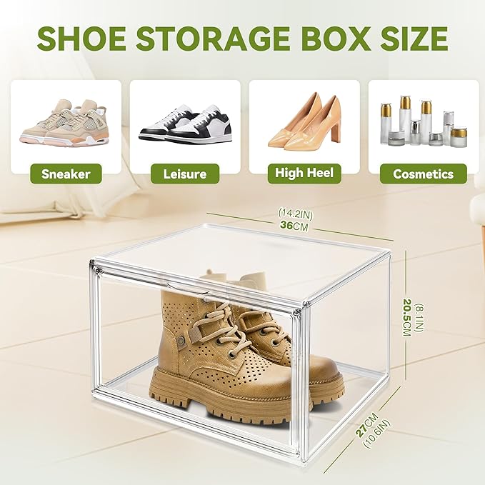 1 Pack Shoe Display Case Plastic Shoe Storage Box with Magnetic Acrylic Door Size 12.5, Transparent Sneaker Boxes Shoe Rack Substitute Closet Organizers Storage Bins, Easy Assembly