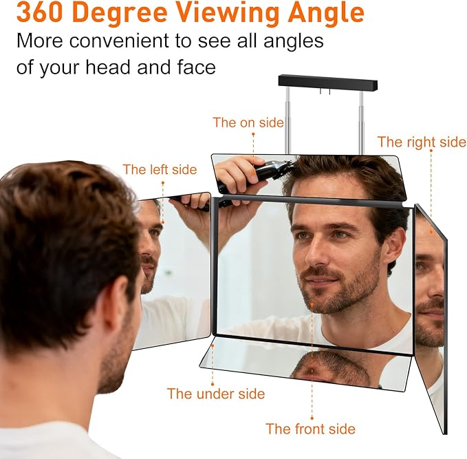 5 Way Mirror for Self Hair Cutting, 360 Haircuts Mirror Men for Barber Use Tools, to See Back of Head, Tri Fold with Portable Height Adjustable Telescoping Hooks