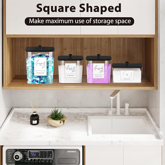 4 Pack Clear Laundry Pods Container & Dryer Sheet Holder, Plastic Square Laundry Room Organization and Storage Jars with Lids, Scoops & Labels for Detergent, Powder, Dryer Balls (Black Lid)
