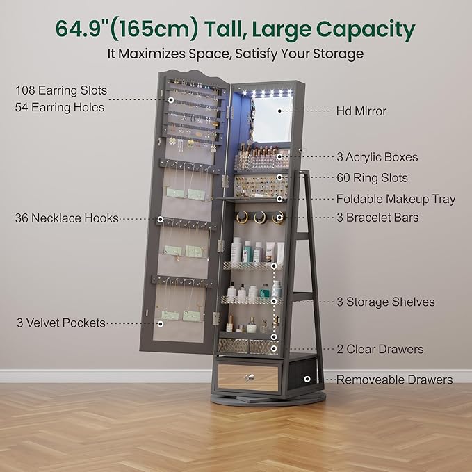 HNEBC 360° Rotating Jewelry Cabinet with Lights, Standing Jewelry Armoire with Mirror, Full Length Mirror with Jewelry Storage, Lockable Lagre Jewelry Organizer Stand for Bedroom, Cloakroom (Grey)