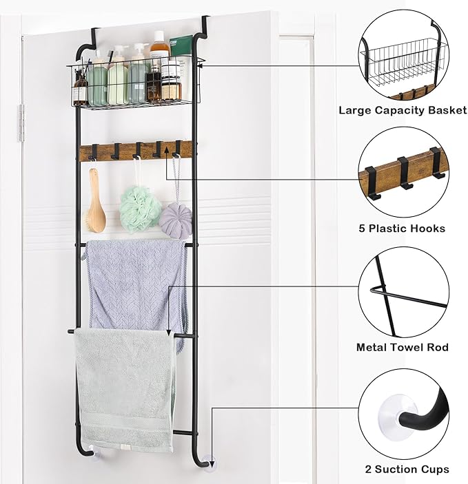Over The Door Towel Rack Behind Door Towel Holder for Bathroom 5 Tier Over The Door Towel Bar with Basket Towel Rack Door Hanger with Hooks for Clothes Toiletries (Brown and Black)