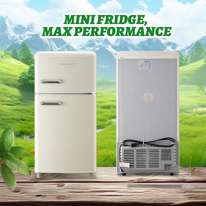 Small Refrigerator with Top Freezer 100Liter Retro Mini Fridge with Adjustable Glass Shelving, 7 Temperature Control and LED Lighting, Retro Off White