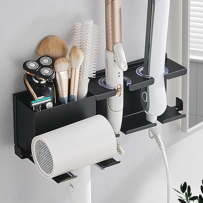 Hair Tool Organizer Wall Mounted,Hair Dryer Holder,blow dryer,curling iron,Straightener holder,Metal 3 in 1 Bathroom Bedroom Hair Accessories Tools Organizer Rack.Black