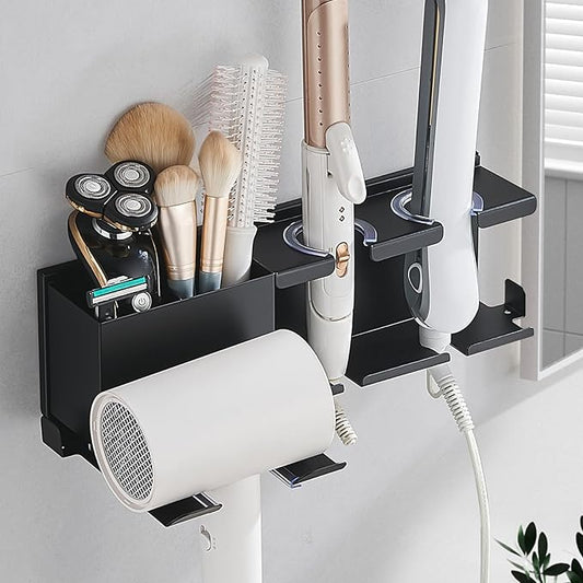 Hair Tool Organizer Wall Mounted,Hair Dryer Holder,blow dryer,curling iron,Straightener holder,Metal 3 in 1 Bathroom Bedroom Hair Accessories Tools Organizer Rack.Black