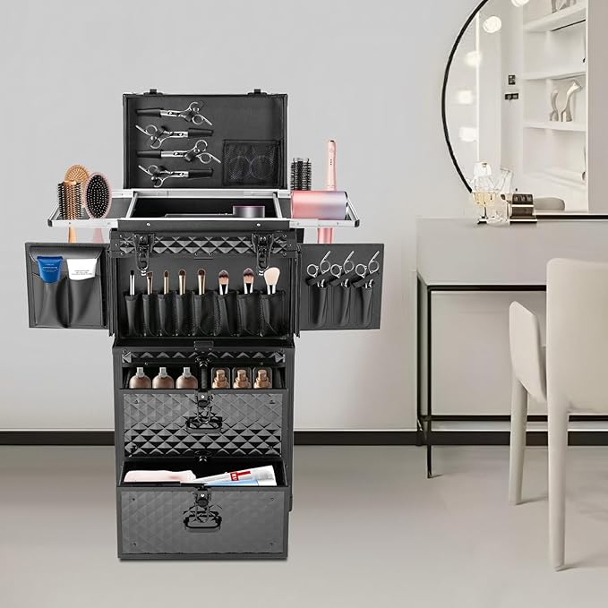 Rolling Makeup Case Large Storage Cosmetic Trolley, Rolling Lockable Makeup Train Case, Stylist Beauty Salon Cosmetic Luggage Travel Organizer Tool Box with Hair Dryer Holder