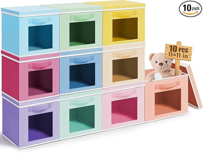 10 Pcs Fabric Storage Cube with Lid 11x11 Inch Fabric Storage Bins with Window Handle Collapsible Cube Organizer Basket for Shelves Closet Bedroom Office Clothes Book Stuffs (Pastel)