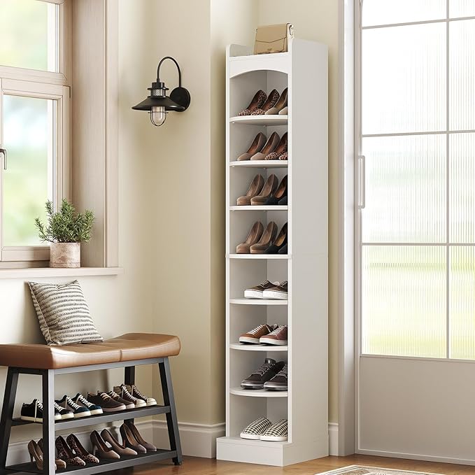 9-Tier Tall Shoe Rack, Wooden Shoe Storage Organizer, Narrow Shoe Cabinet with Removable Shelves for Small Spaces, Holds 18 Pairs of Shoes, for Entrance, Hallway, White SS02WT