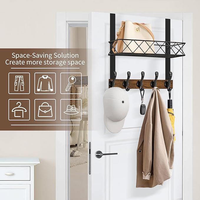 YINMIT Over The Door Hooks Organizer, Over The Door Hanger with Basket, Over The Door Towel Rack with 5 Metal Hooks, Over Door Hanger for Bathroom, Bedroom, Kitchen