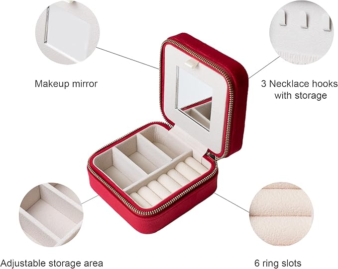 Customizable Compact Velvet Jewelry Box with Mirror, Travel Jewelry Case, Travel Jewelry Organizer, Jewelry Box for Women and Girls, Small Jewelry Organizer (Center Text, Wine Red)