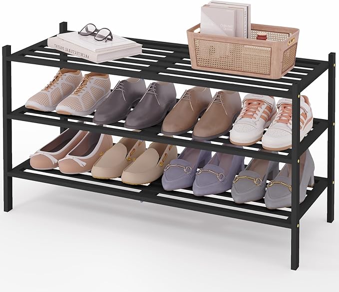Smiry Long Bamboo Shoe Rack 3-Tier, Stackable Wooden Shoe Organizer for Entryway & Closet, Free Standing Wood Shoe Storage Shelf for Front Door & Small Spaces, Black