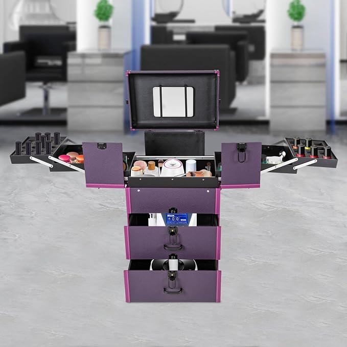 Rolling Makeup Train Case with Wheels and Mirror, Lockable Portable Cosmetic Organizer Trolley, Large Make up Cosmetic Orgainzer, Pro Makeup Artists Multifunction Cosmetics Trolley Train Case (Purple)