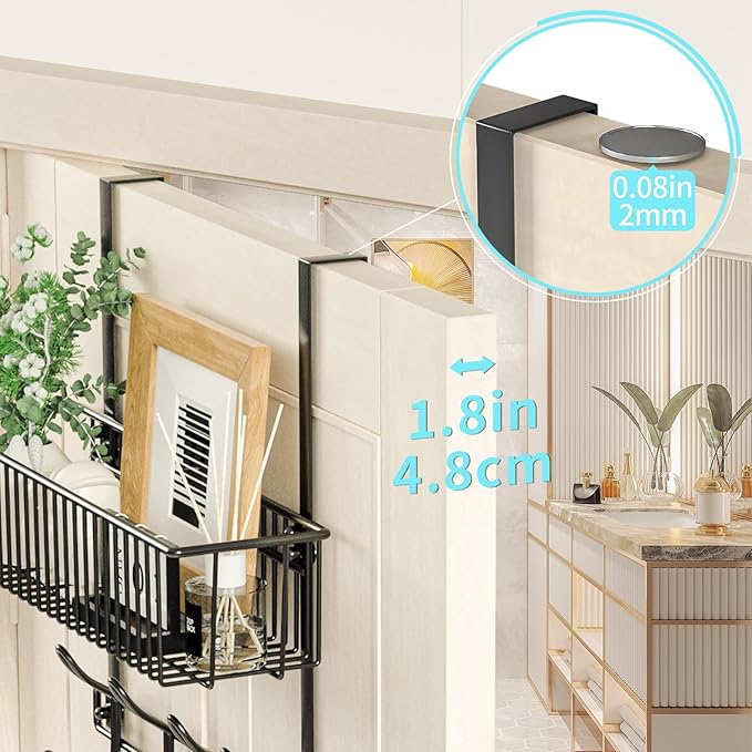 Over The Door Hooks Organizer,Door Hanger Door Storage with Basket,Over The Door Towel Rack Coat Hooks with 12 Hooks,for Bathroom,Bedroom,Kitchen,Office,Apartment(Black)