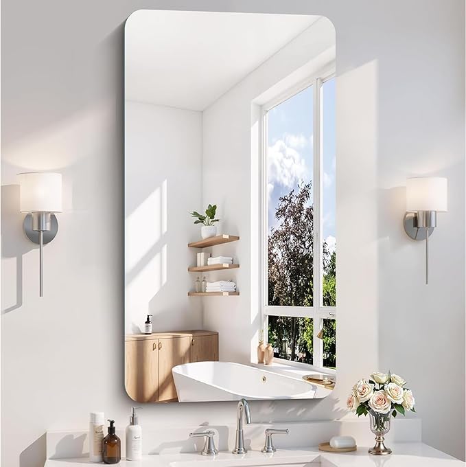 CILIBER Frameless Wall Mirror, 24" x 48" Bathroom Mirror Rounded Corner, HD Shatterproof Vanity Mirror with Polished Edge for Over Sink, Bedroom, Entryway, Vertical or Horizontal