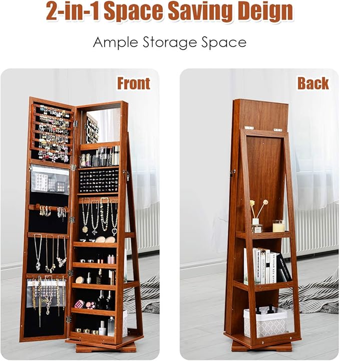 CHARMAID 360° Swivel Jewelry Armoire with Higher Full Length Mirror, Standing Lockable Jewelry Cabinet Organizer with Large Storage Capacity, Inside Makeup Mirror, Back Storage Shelves (Walnut)