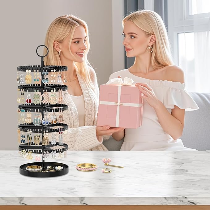 iDavosic.ly 5 Tier Rotating Earring Holder Organizer with Metal Tray, Adjustable Plastic Dangle Display Stands Tree with 285 Grooves, Large Hoop Storage Rack Tower, Black