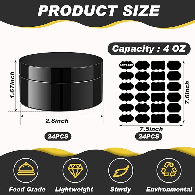Dandat 24 Pcs 4 oz Plastic Jar Container with Lid and Label Refillable Empty Round Black Pet Cosmetic Sample Slime Containers for Lotion, Cream, Ointments, Body Butter, Makeup, Travel Storage