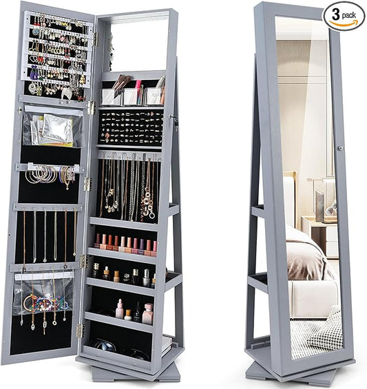 360° Swivel LED Mirror Jewelry Cabinet with Full Length Mirror, Lockable Floor Standing Mirrored Jewelry Armoire Organizer w/Inside Makeup Mirror & Back Storage Shelves, Space-Saving (Gray)