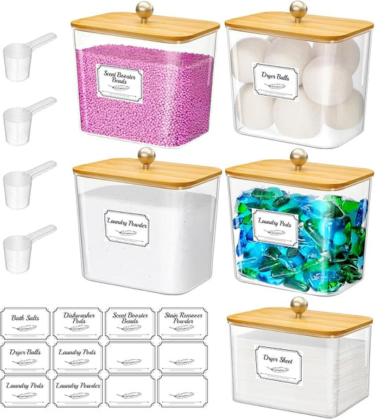 Lifewit Large Laundry Pods Container& Dryer Sheet Holder, Plastic Detergent Dispenser, Laundry Room Organization Storage Jars for Powder, Soap, Scent Booster Beads,Bamboo Lid,0.53+0.7 gal,5 Pcs