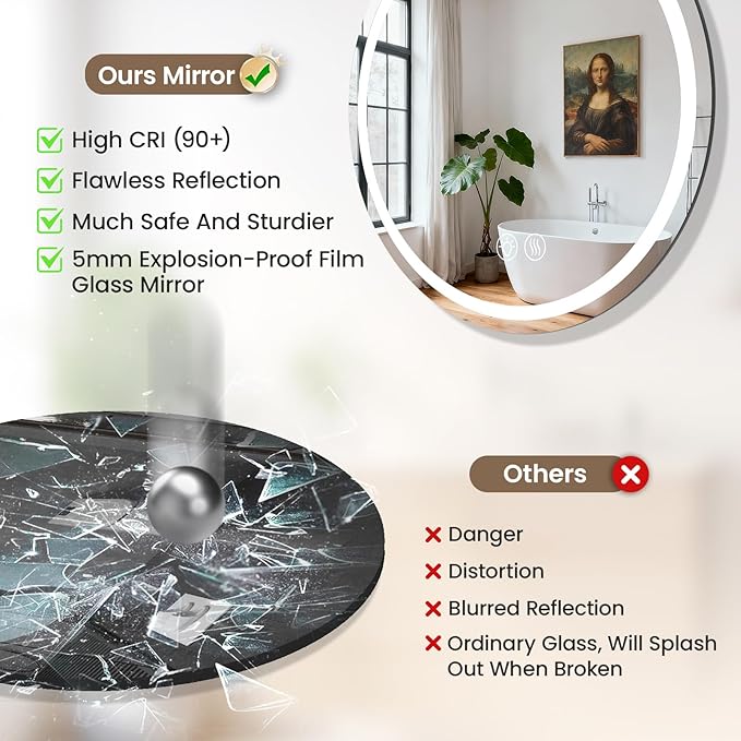 LED Bathroom Mirror 24 Inch Round Bathroom Mirror with Lights, Circle Wall Mirror with 3 Colors Brightness, Anti-Fog for Bathroom Vanity, Entryway Living Room