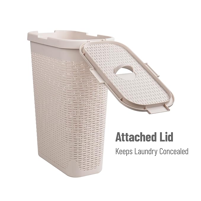 Mind Reader 40L Slim Laundry Hamper, Clothes Basket, Lid, Premium Wicker Design, Plastic, Set of 3, Ivory