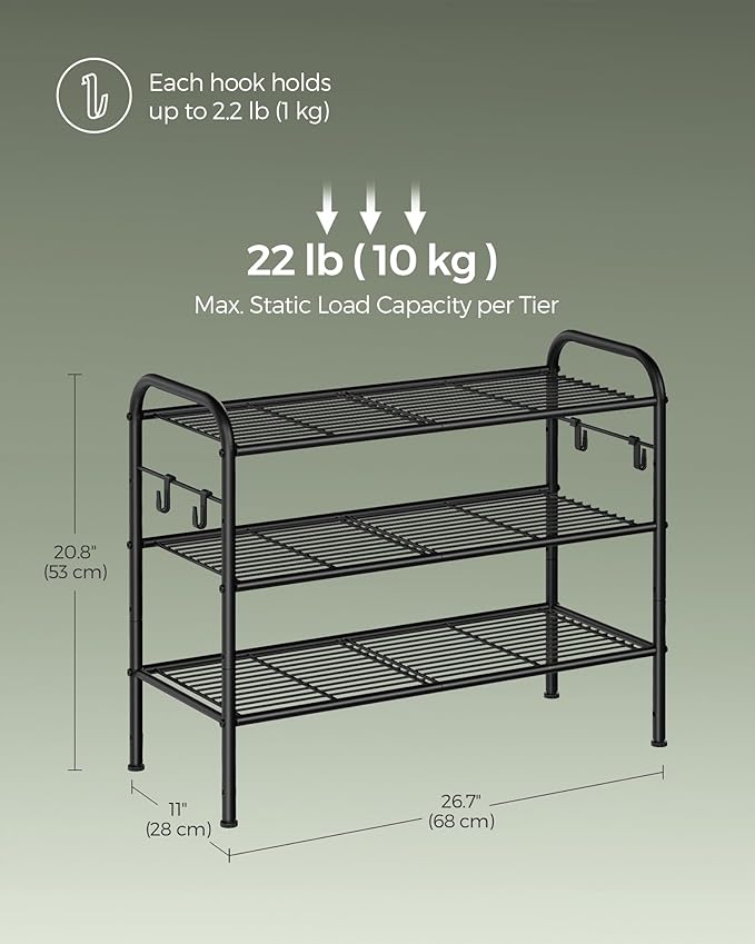 SONGMICS Shoe Rack, 3-Tier Shoe Organizer, Metal Shoe Shelf Storage with 4 Side Hooks, Holds 12 Pairs of Shoes, Height-Adjustable Shoe Rack for Entryway, Hallway, Closet, Ink Black ULMR068B01