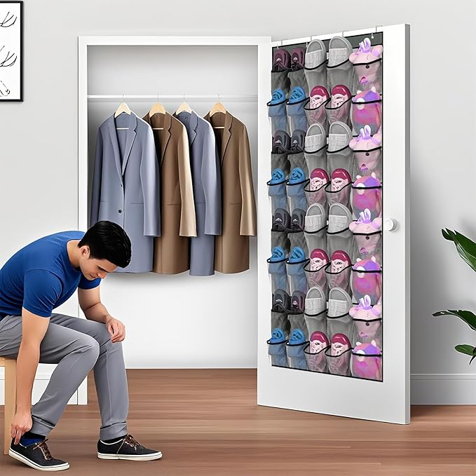 40-Pocket Over the Door Shoe Organizer - Large Mesh Pocket Hanging Shoe Organizer,Behind the Door Shoes Storage Holder Hanger,Large Capacity Design for Dorm Room College,Store 20 Pairs(Grey)