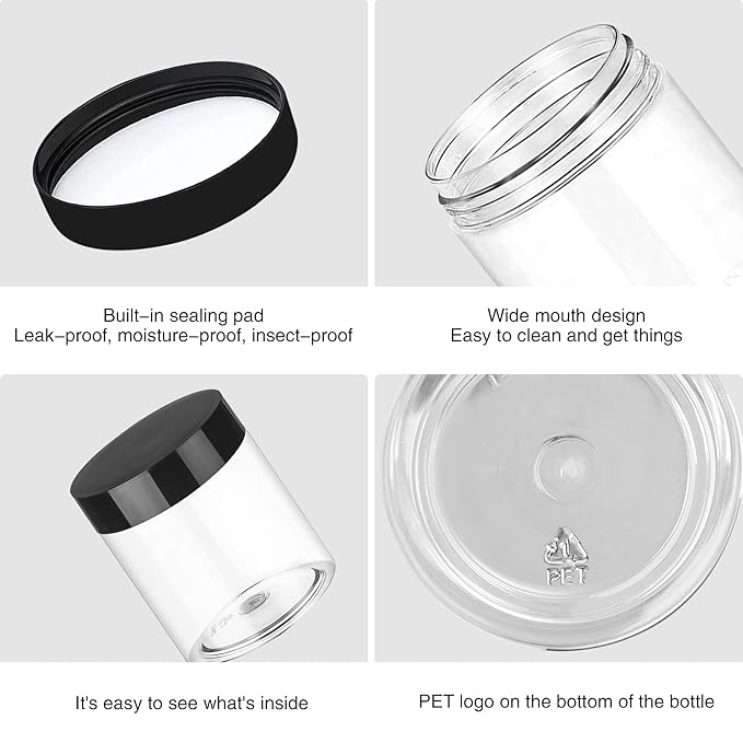 Plastic Jars with Lids 4 OZ 48 PCS, Small Cosmetic Slime Containers Clear Travel Round Jars Empty Leak Proof Refillable Sample Containers with Black Lids for Lotion, Cream, Cosmetics