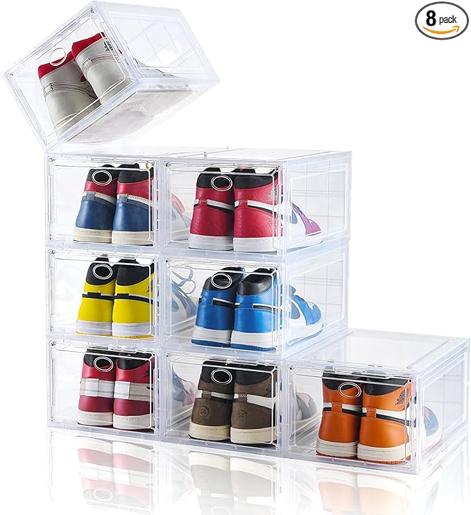 8 Pack Shoe Storage Boxes,Clear Plastic Stackable Organizer for Closet,Space Saving Containers For Sneaker Display, Fit up to US Size 12