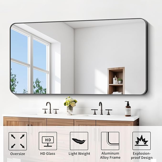 FORBATH Large Bathroom Mirror 72x36 Inches, Black Oversized Wall Mirror for 2 Sinks Aluminum Frame Full Length Rounded Corner Morndern Mirror for Bathroom Bedroom Entryway Living Room