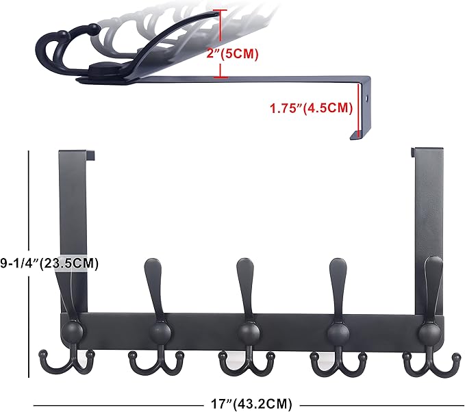Dseap Over The Door Hook Hanger - Fits 1 3/8" to 1 3/4" Standard Doors | 5 Tri Hooks Heavy Duty Towel/Coat Rack | Door Organizer for Clothes, Jackets, Hats, Towels, Black