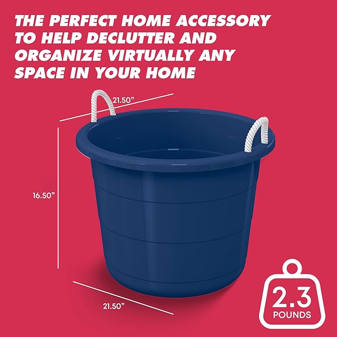 Life Story 8 Pack Open Storage Bucket, Round Plastic Container with Rope Handles, 17 Gallon, Blue