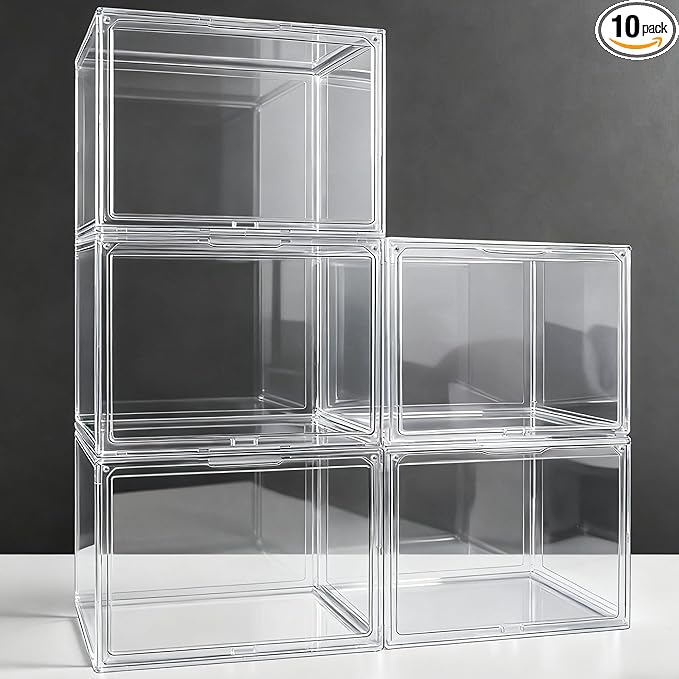 10 Pack Acrylic Shoe Box Size 14, X-Large Clear Acrylic Purse Organizer 14.1'' x 8.9'' x 10.6'' Transparent Handbag Storage Box for Closet, Stackable Plastic Container for Purses, Wallets & Bags