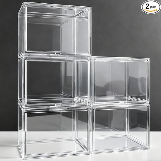 12 Pack X-Large Acrylic Display Case, Size 14 Clear Shoe Box Stackable Sneaker Display Case with Magnetic Lid Multipurpose Storage Bin for Closet for Purses, Handbags, Cosmetics, Collectibles