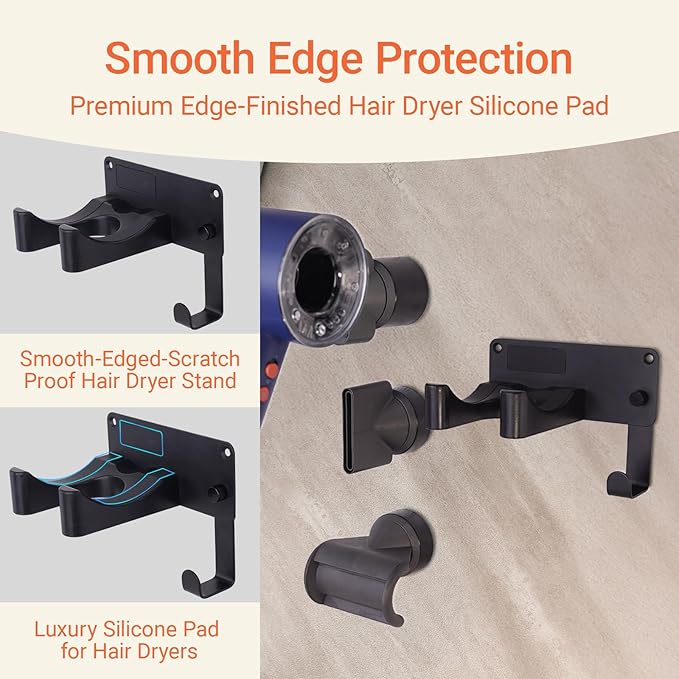 Hair Dryer Holder, Hair Dryer Holder Wall Mounted Self Adhesive Hairdryer Holder forDyson Aluminum Blow Dryer Holder Wall Mounted Black Hairdryer Hanger for Bathroom Black CHOCHOYAH