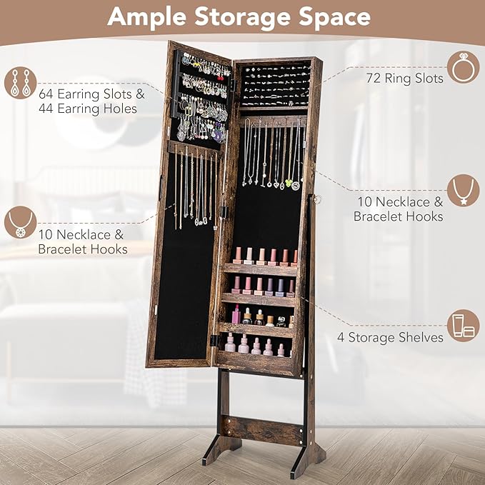 COSTWAY Jewelry Armoire Cabinet, Standing Jewelry Organizer with Full-length Mirror & 3 Adjustable Angles, Large Storage Capacity Jewelry Cabinet for Bedroom, Dressing Room (Brown)