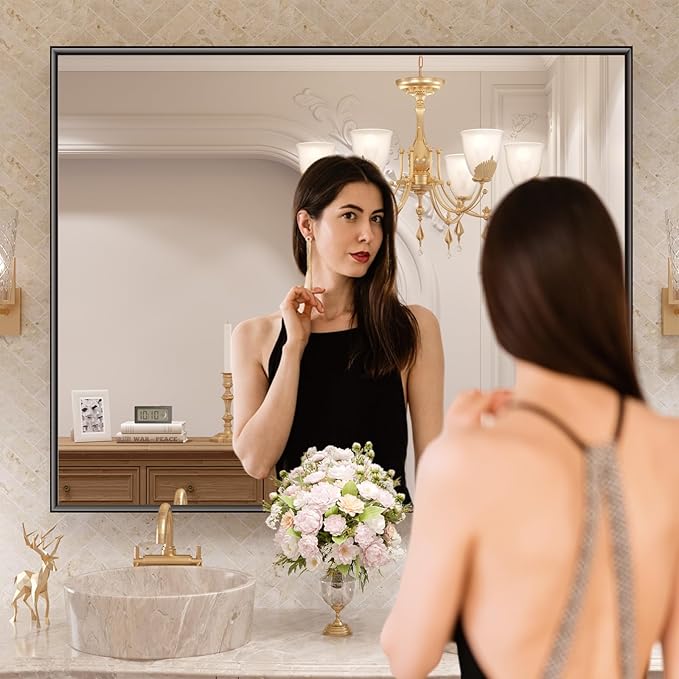 LOAAO Black Bathroom Mirror 40"X36" for Wall, Rectangle Bathroom Vanity Mirror, Tempered Glass, Hangs Vertically or Horizontally, Easy to Install, Modern Design