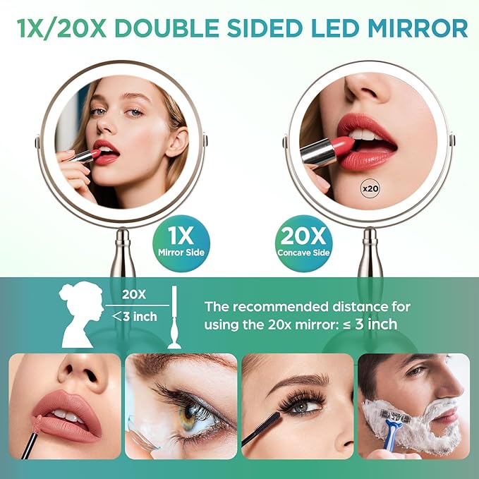 20x Magnifying Mirror with Light, 5000mAh Lighted Makeup Mirror with 3 Color Modes and Adjustable Brightness, Side Charging Port & SideTouch Sensor, 360° Rotation -Brushed Nickel