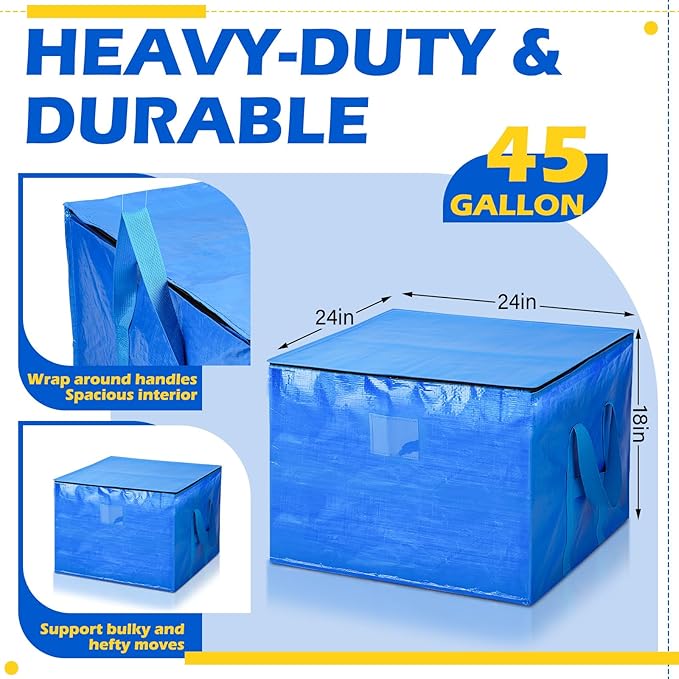 4 Pcs 45 Gallons Large Moving Bags with Zipper and Handles Foldable Storage Duffle Bags Heavy Duty Extra Large Totes for College Dorm Travel Clothes Blankets Bedding Moving