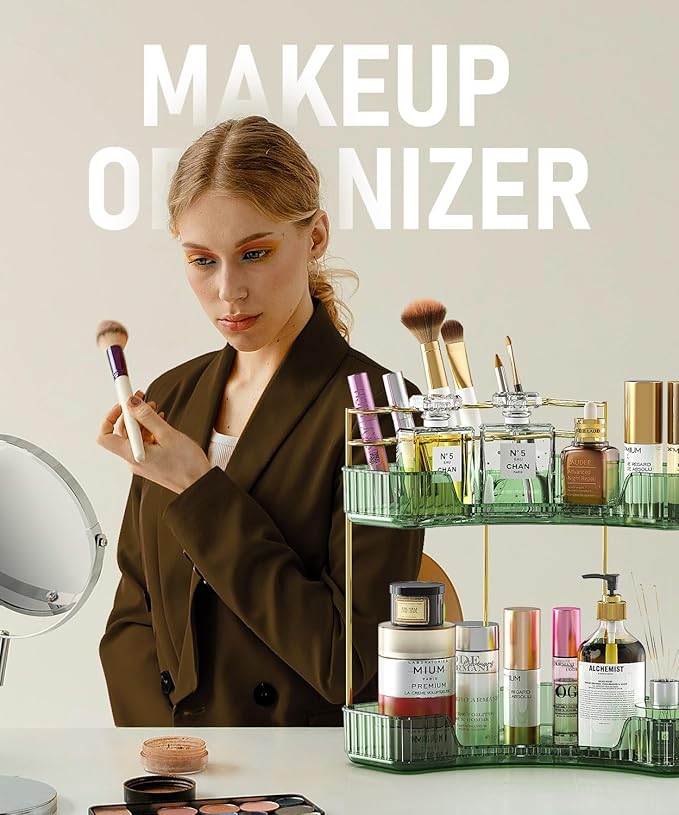 2-Tier Corner Bathroom Counter Organizer Makeup Cosmetic Storage, Tool-Free Installation Acrylic Vanity Shelf, Skin Care Organizer Perfume Tray for Countertop Bathroom, Dresser, Kitchen (Green)