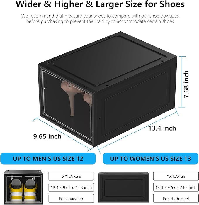 12 Pack Hard Sturdy Thickened Rigid XX Large Shoe Storage Organizer for Closet, Clear Stackable Sneaker Shoe Boxes Rack Containers Display Case Bins with Lids, Black03