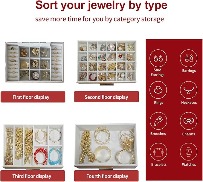 BOOVO Jewelry Boxes for Women, 5 Layer Jewelry Organizer with Necklace Hanger and Drawers, Large Jewelry Box for Earrings, Necklace and Bracelet Storage Gifts for Women and Girls (Gold, 5 Layer)