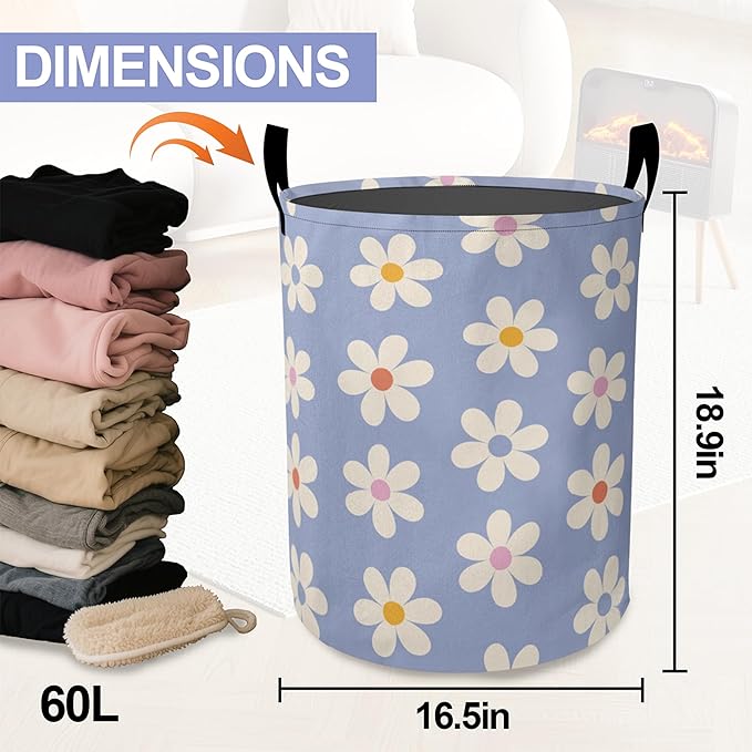 Laundry Basket-Groovy Daisy Flowers Foldable Waterproof Oxford Cloth Funny Tote Bag Laundry Hamper Clothes Storage Bucket Organizer For Bathroom/Laundry Storage/Bedroom Storage Basket