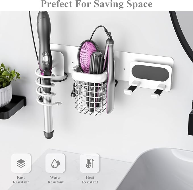 Tindbea Upgraded Aluminum Alloy Hair Dryer Holder Wall Mounted with Built-in Cord Wrap,3-in-1 Hair Tool Organizer for Blow Dryer, Curling Iron, and Straightener, White