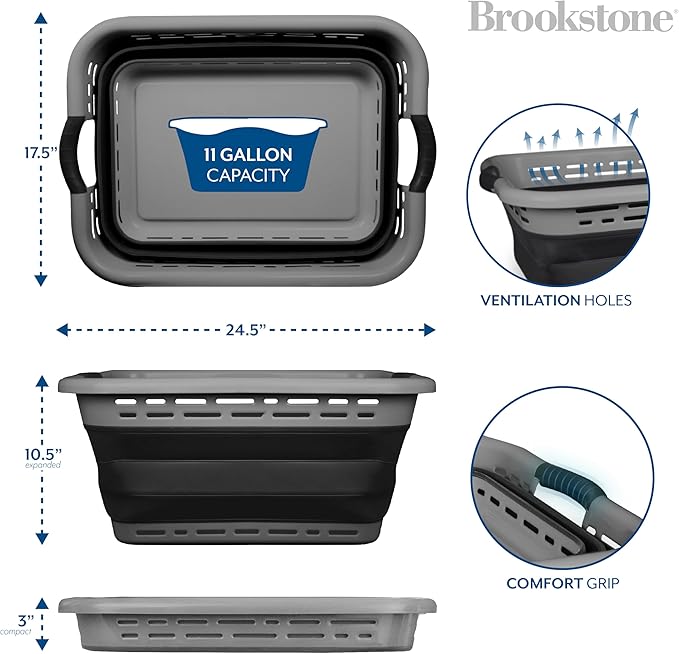 BROOKSTONE, 11 GALLONS - [OUR LARGEST BASKET EVER] 24" Collapsible Laundry Basket, Comfort Non-Slip Grip Handles, Minimalist Space Saving Design, Portable Pop-Up Hamper, [BPA FREE] Dark Grey