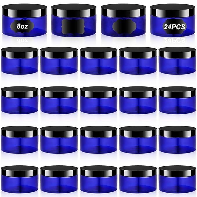 Dandat 24 Pcs 8 oz Plastic Jar Container with Lid and Label Refillable Empty Round Blue with Black Pet Cosmetic Sample Slime Containers for Lotion, Cream, Ointments, Body Butter, Makeup Travel Storage