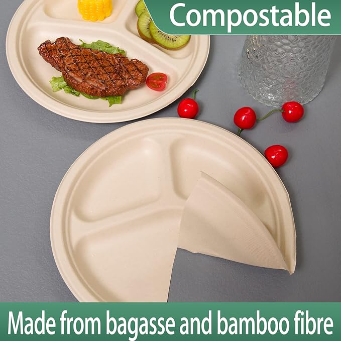150pack 3 compartment,10inch Disposable Heavy Duty Eco Friendly Round Divided Paper Plates,Compostable Sugarcane Bagasse Sectional Plates disposable For Dinner